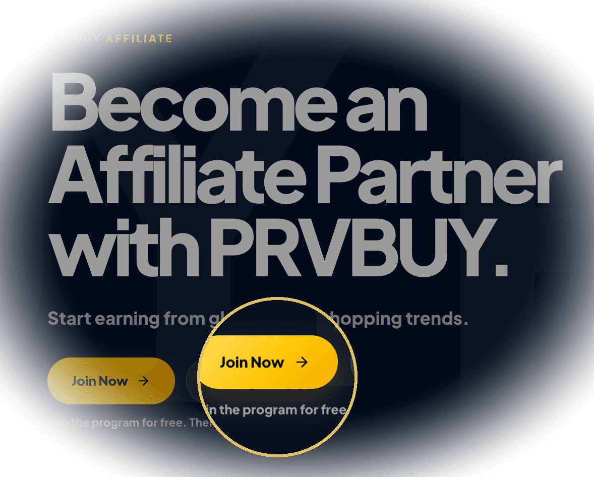 PRVBUY Affiliate homepage with the Join Now button enlarged