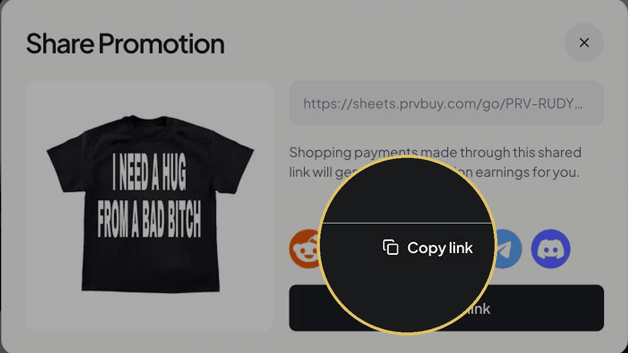 PRVBUY Share Promotion dialog with the Copy link action enlarged